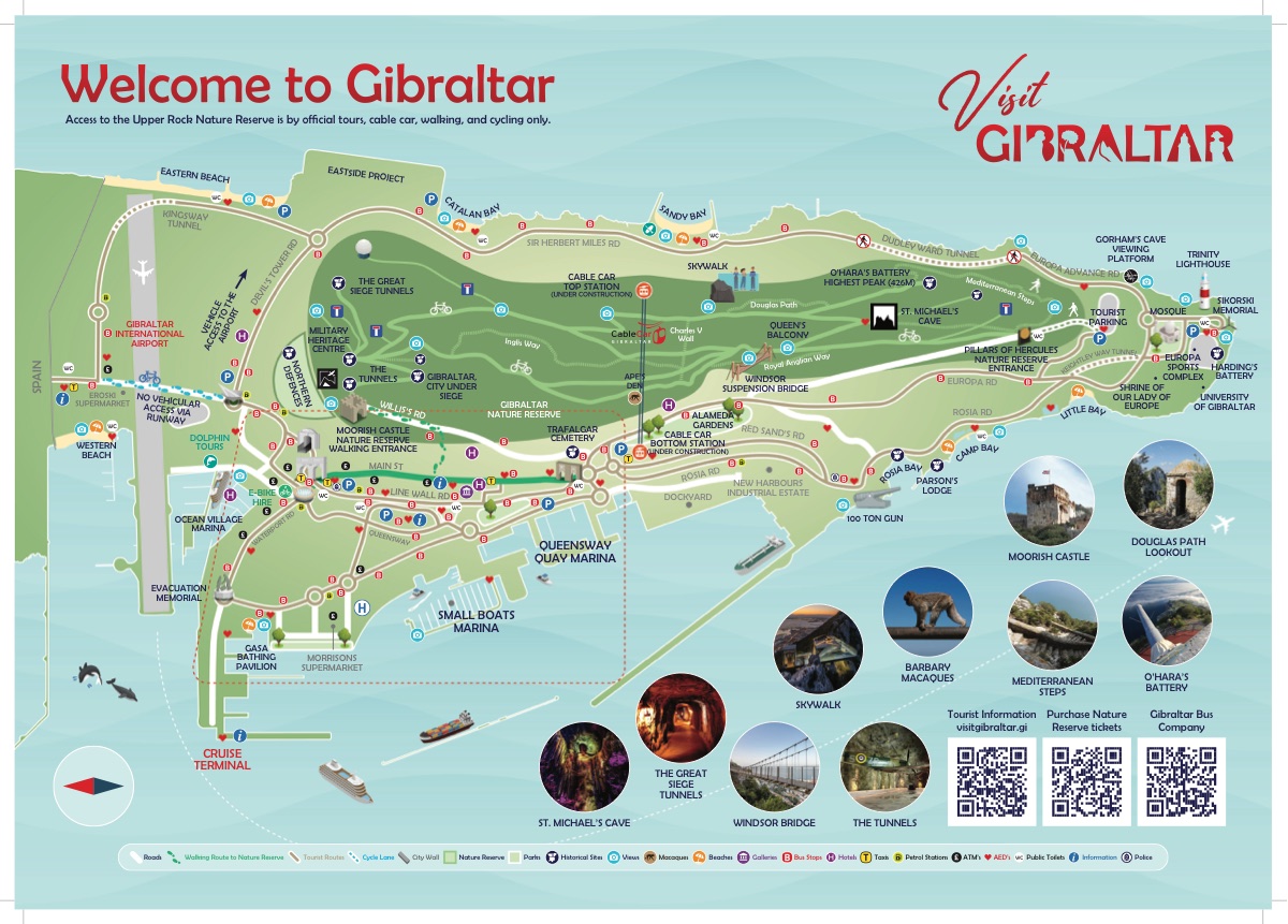 The Gibraltar Tourist Board's 2026 visitor map, showing the Rock, the town, the Upper Rock Nature Reserve and the marinas